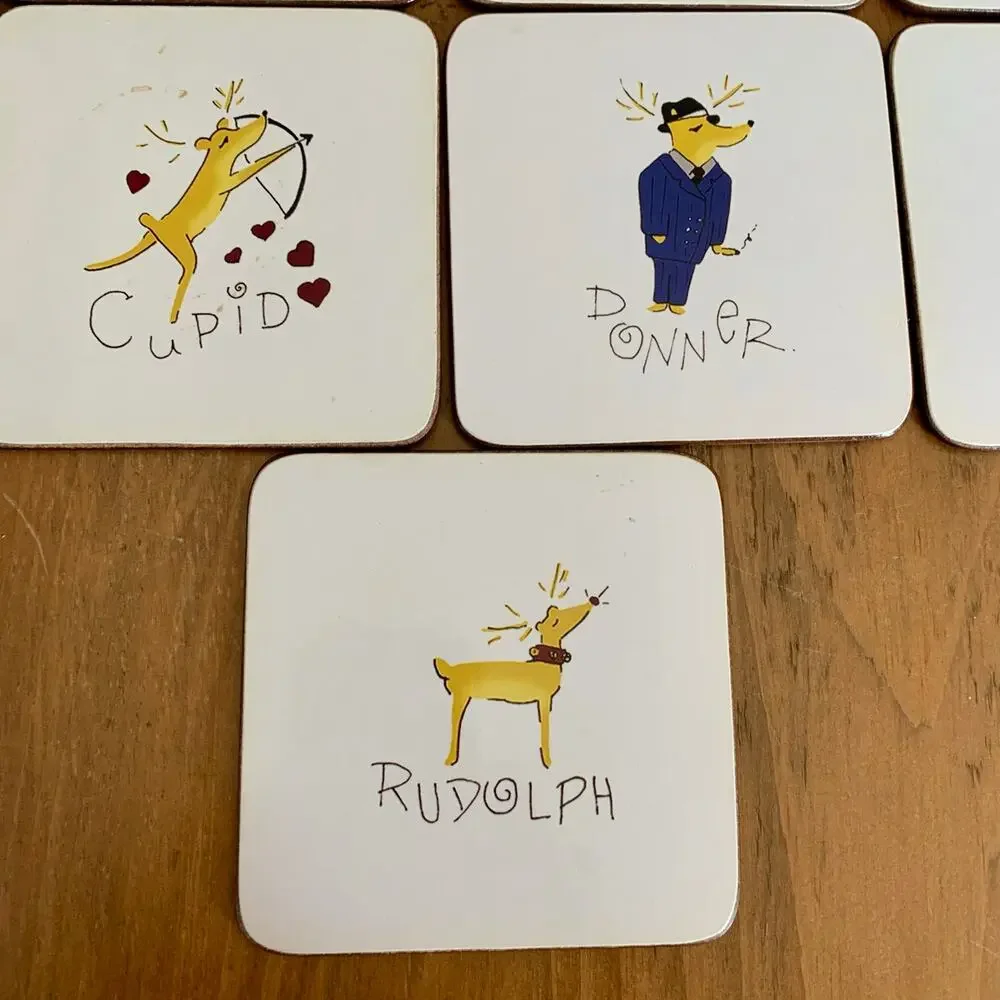 Pottery Barn Santa’s Reindeer Coasters Cork Backed Christmas Holiday Set of 9